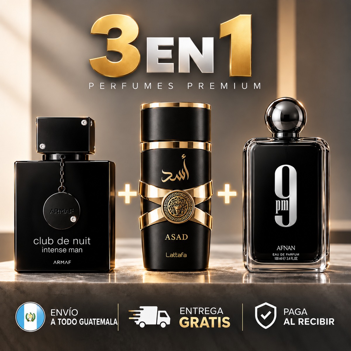 Pack 3x1 Perfumes Hombre | Armaf Club de Nuit Intense + Lattafa Asad + Afnan 9PM 100ml cada uno