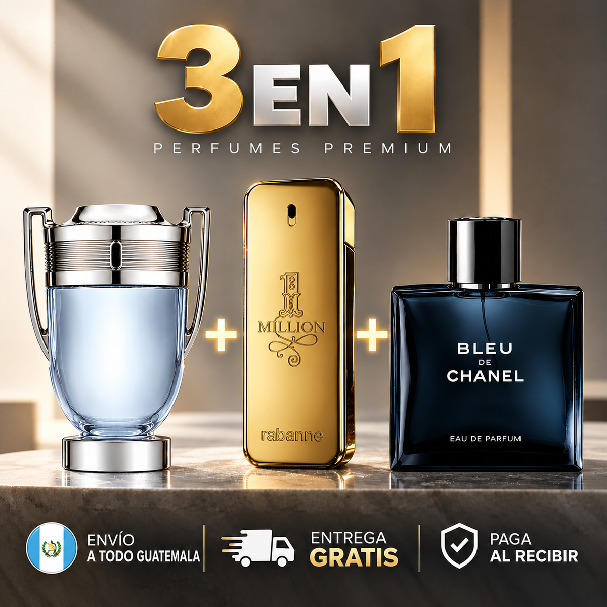 KIT DE 3 PERFUMES PREMIUM DE 100ML cada uno | Invictus + 1 Million + Bleu de Chanel